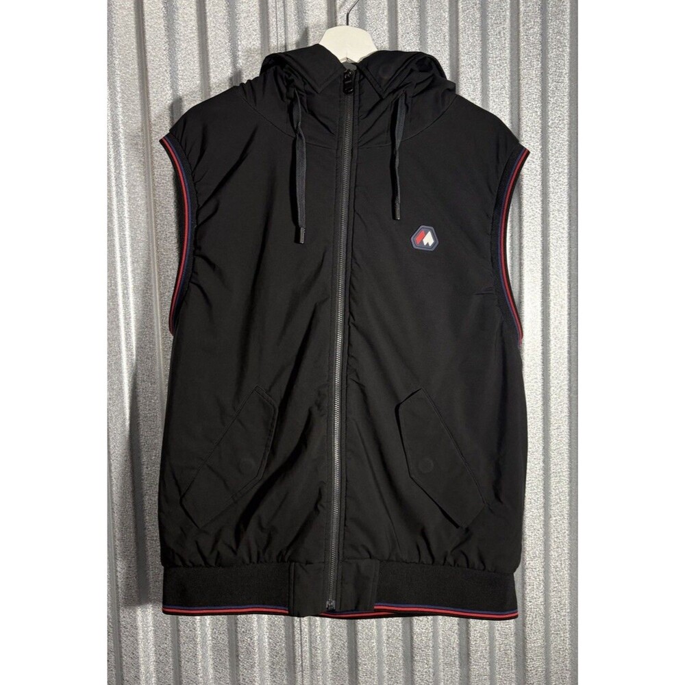 Marwin Sports Men’s Black Vest Large Full Zip Hooded Sleeveless Blue Red Trim